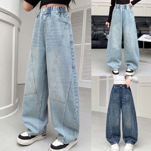 Crunowin Girls Denim Pants, Straight Leg With Pockets Loose Casual Jeans Size 4T