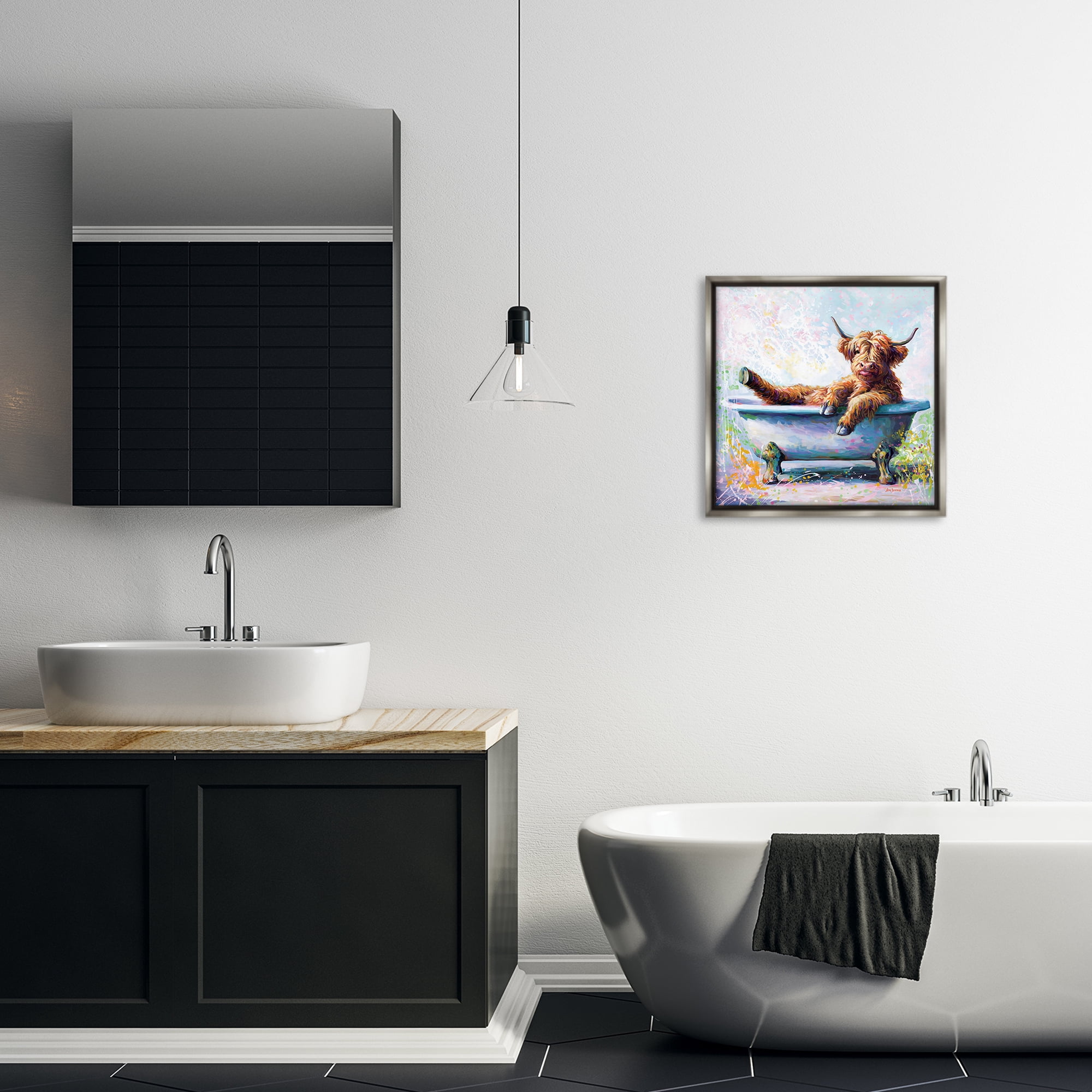 Stupell Industries Splashing Baby Cow Typography Painting Gray Floater Framed Canvas Art Print Wall Art, 18 x 18