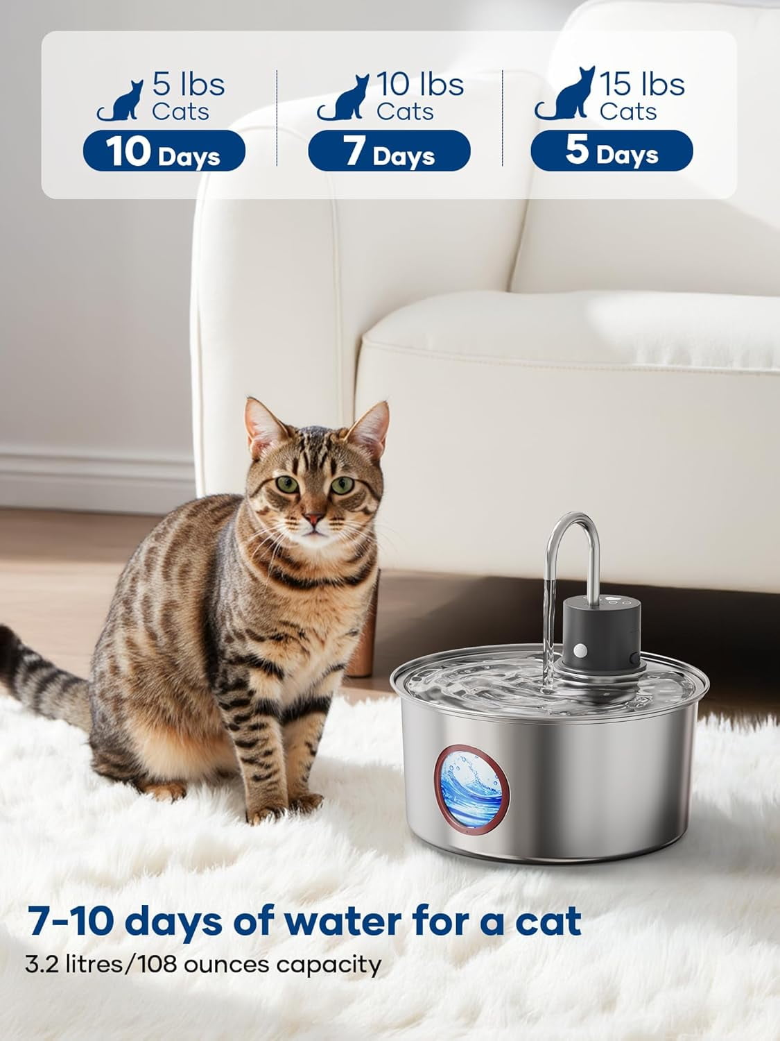 AGEETXT Wireless Cat Water Fountain with Motion Sensor, 108oz/3.2L Stainless Steel Automatic Pet Dispenser for Cats and Small Dogs, Rechargeable & Quiet