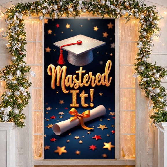 Gold Glitter Mastered It Banner Graduation Cap Graduation Display Diploma Scroll Star Decor Academic Backdrop for Graduation Party College Ceremony Graduation Photo Shoot