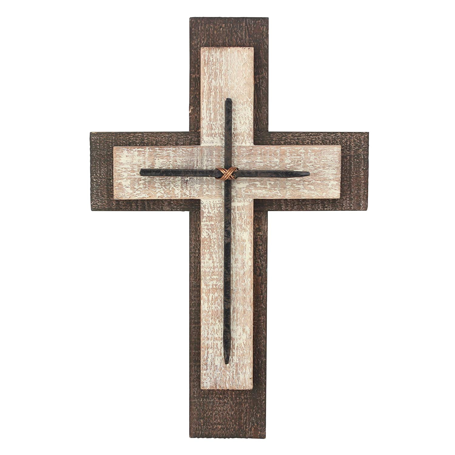 Decorative Worn White and Brown Wooden Hanging Wall Cross, Rustic Cross
