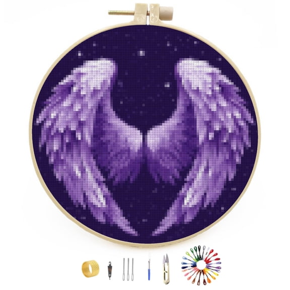 DIY Stamped Cross Stitch Kits Shining Angel Wing Easy for Beginners with Hoop 11CT Counted Embroidery Needlepoint Crafts Arts for Handmade Enthusiasts and Home Decor 30x30cm(1)