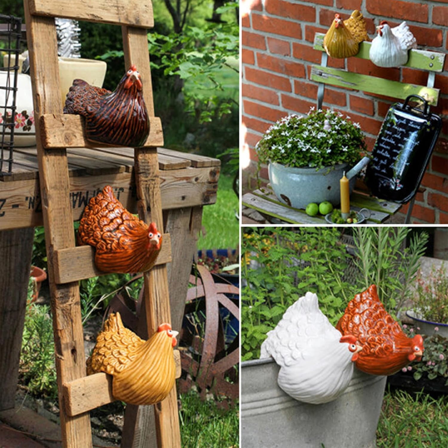 Chickens Statue Funny Yard Decor:Resin Chicken Figurines,Tree Fence Decorations Outdoor,Chicken Decorations for Garden,Farm,Patio,Backyard (Yellow)