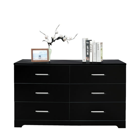 6 Drawer Double Dresser Easy Assembly Wide Storage Cabinet for Living Room Home Entryway Black