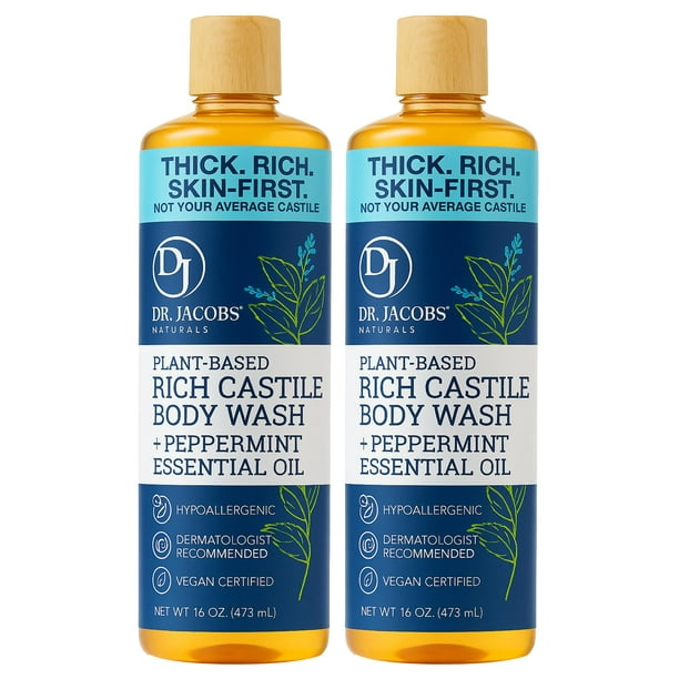 Dr. Jacobs Naturals Pure Castile Soap Liquid Body Wash Peppermint - Jabón natural con vitamina E y aloe vera para hidratar la piel seca y sensible - Hecho en los EE. UU. - 16 oz Paquete de 2