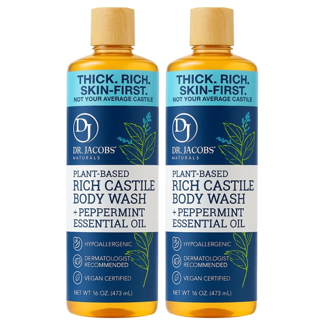 Dr. Jacobs Naturals Pure Castile Soap Liquid Body Wash Peppermint - Jabón natural con vitamina E y aloe vera para hidratar la piel seca y sensible - Hecho en los EE. UU. - 16 oz Paquete de 2