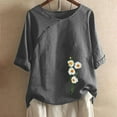 thumbnail image 2 of QQAMB Women Cotton Linen Top Crewneck Button Daisy Printed Short Sleeve Casual T Shirt Ladies Summer Fashion Blouse Top Gray M, 2 of 4