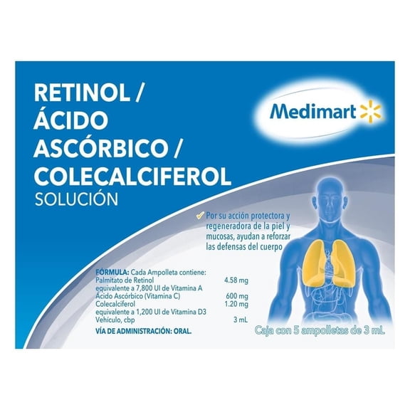 Retinol, ácido ascórbico, colecalciferol Medimart solución 5 ampolletas de 3 ml c/u