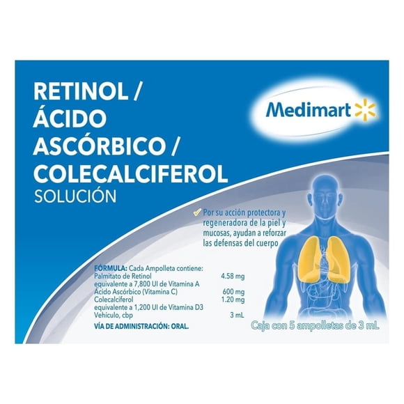 Retinol, ácido ascórbico, colecalciferol Medimart solución 5 ampolletas de 3 ml c/u