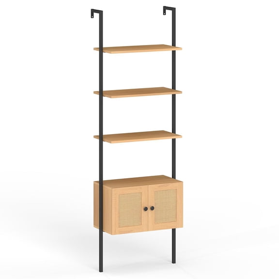 Kepooman 5-Tier Ladder Book Shelf with Rattan Cabinet and Metal Frame, Storage Shelf Bookcase for Living Room, Bedroom, Office Room, Study Room, Natural