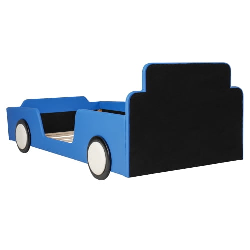 Twin Size Race Car Shaped Platform Bed with Wheels and Safety Rails, Blue