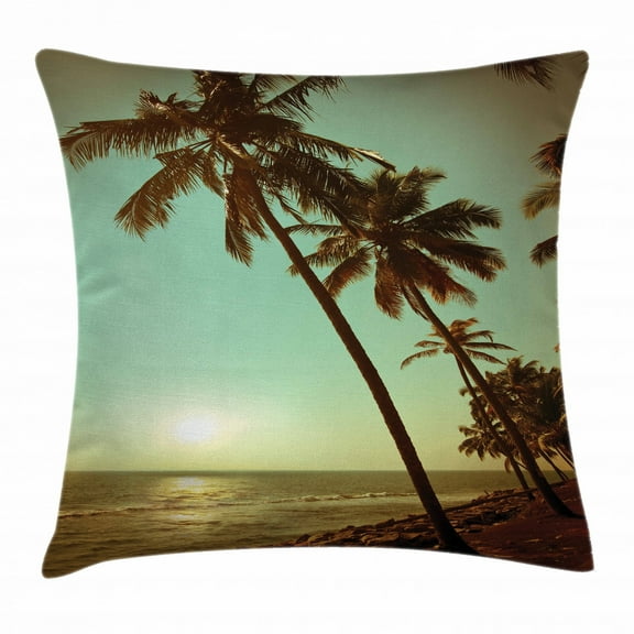 Palm Tree Decor Throw Pillow Cushion Cover, Sunset Tropical Beach Dusk on Pacific Ocean Vintage Exotic Landscape Print, Decorative Square Accent Pillow Case, 20 X 20 Inches, Green Brown, by Ambesonne