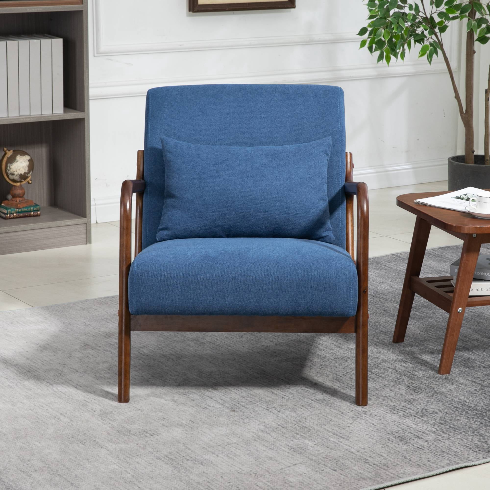 Mid-Century Modern Accent Chair with Pillow Velvet Lounge Arm Chair Comfy Reading Chair with Solid Wood Frame for Living Room, Bedroom, Blue