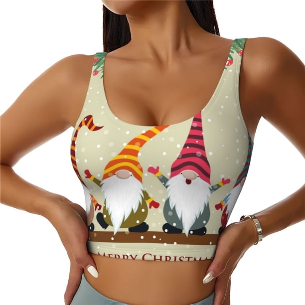 Fotbe Christmas Card With Gnomes Sujetador Deportivo Largo sin Aros para Mujer con Almohadillas y Soporte Medio, Transpirable y Absorbente, Camiseta Tipo Chaleco o Tank Top-Small