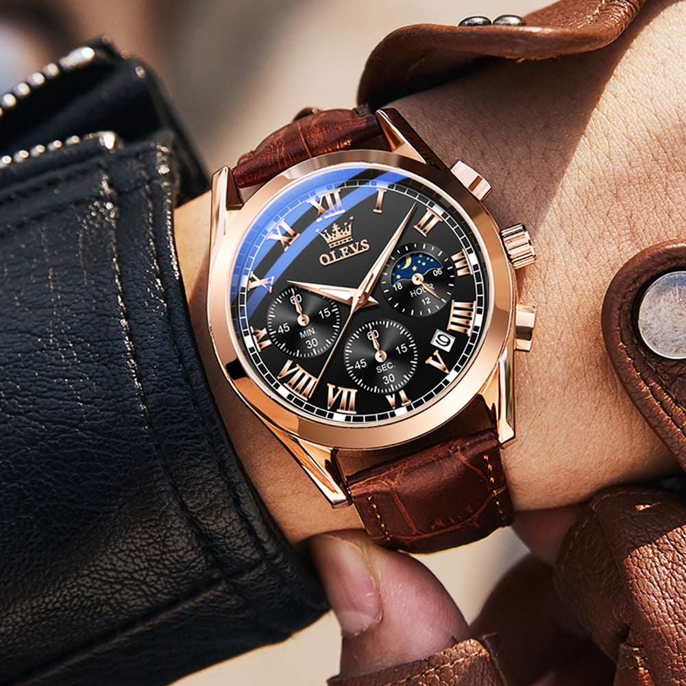 OLEVS Mens Watches Luxury Chronograph Moon Phase Waterproof Luminous Brown Leather Strap Date Rose Gold Classic Watch for Men