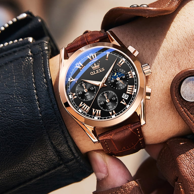 OLEVS Men's Chronograph Moon Phase Leather Strap Watch photo 3