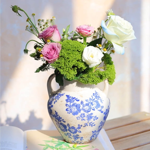 Vintage Ceramic Vase Ice Crack, French Camellia Blue White Flower Pot for Hydroponics, Handmade Porcelain Vase for Living Room Decor, Shabby Chic Home Accent and Dried Floral Arrangement