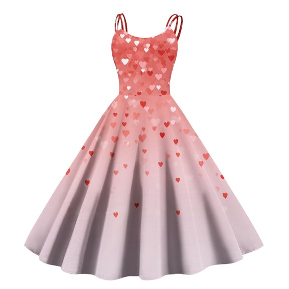LWavelet 2026 Valentine's Casual Brunch Spaghetti Strap Dress, Heart Print Flowy Flared Sundress Valentine's Wear Hot Pink L