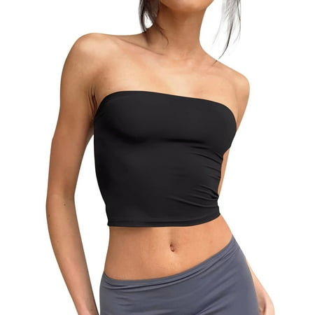 Kopltyrfg Women s Double Layered Basic Casual Strapless Backless Bandeau Bra Tube Top Black XL