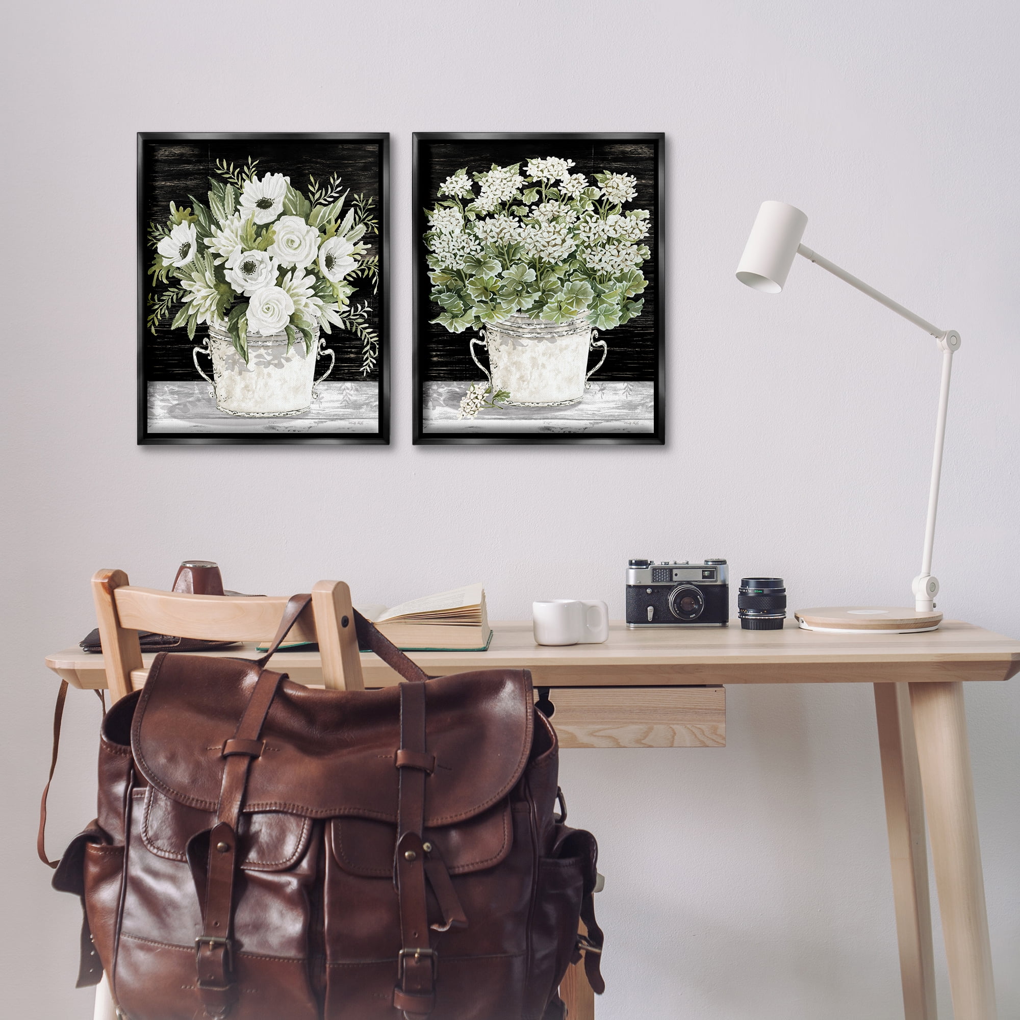 Stupell Industries Country Tins of Flowers Floral & Botanical Painting Black Floater Framed Canvas Art Print Wall Art, 17 x 21, Set of 2