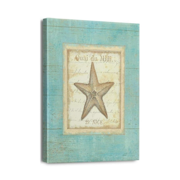 Beautiful Beach Wall Art 12x16in Ocean Blue Canvas with Seashell and Starfish Bathroom Paintings, Nautical Decorations for a Relaxing Bedroom Atmosphere.