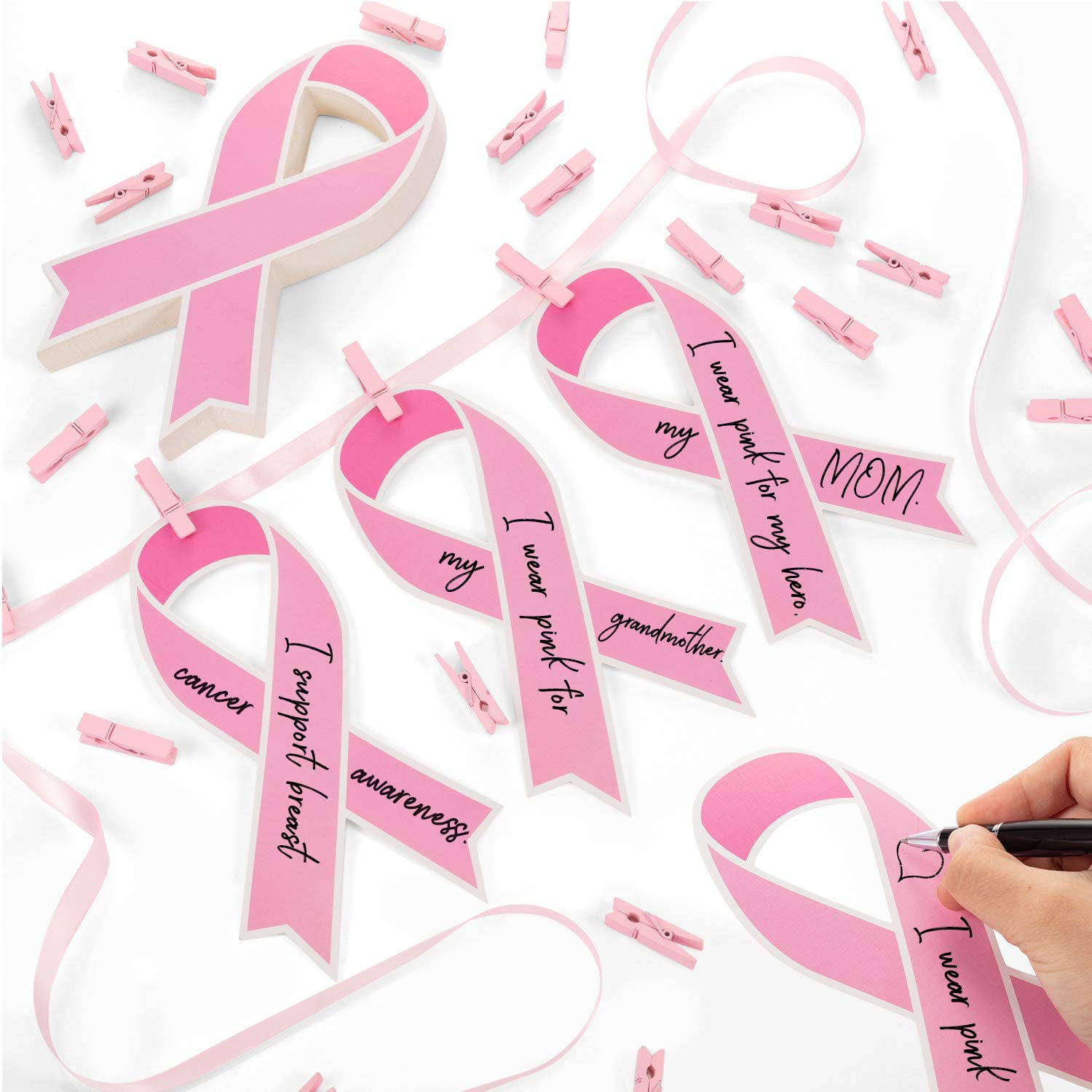 Breast Cancer Awareness Pink Paper Ribbon,50 Pieces Cutouts Support Cards,50 Pieces Pink Wooden Clips 