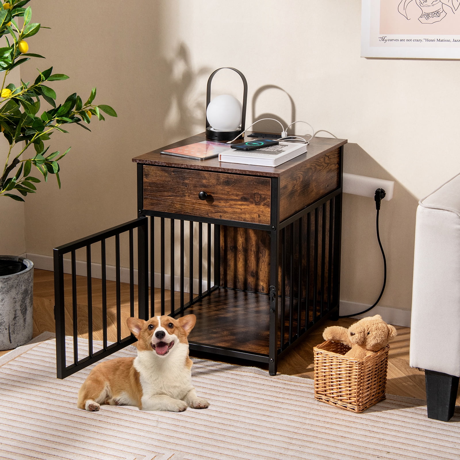 Gymax Versatile Dog Crate w/Charging Station Storage Drawer Lockable Door 2 AC Outlets