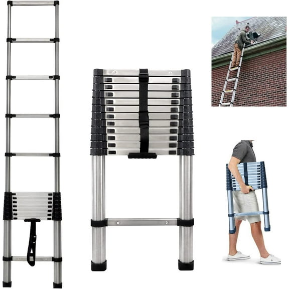 Telescoping Ladder Extension Ladder 12FT Collapsible Ladder Telescopic Extendable Ladder, Stainless Steel Attic Ladder Rv Ladder Roof Ladder, Multi-Purpose Ladder for Household Daily, 330 Lb Capacity