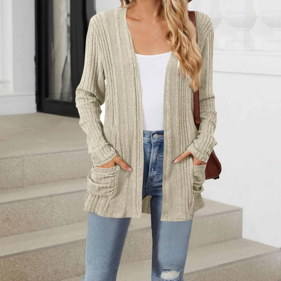 Xdegoge Cardigan Sweaters for Women with Pockets Lightweight Open Front Thin Long Cardigans Fall Long Sleeve Knit Sweater with Pockets Casual Outerwear 2025 Beige L