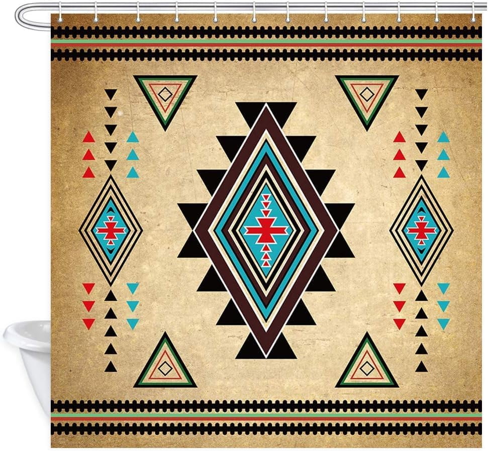 Southwest Shower Curtain, Western Aztec Pattern Bathroom Curtain Native American Retro Tribal Navajo Ethnic Pattern Bathroom Accessories Fabric Bathroom Curtain with Hooks,72X72