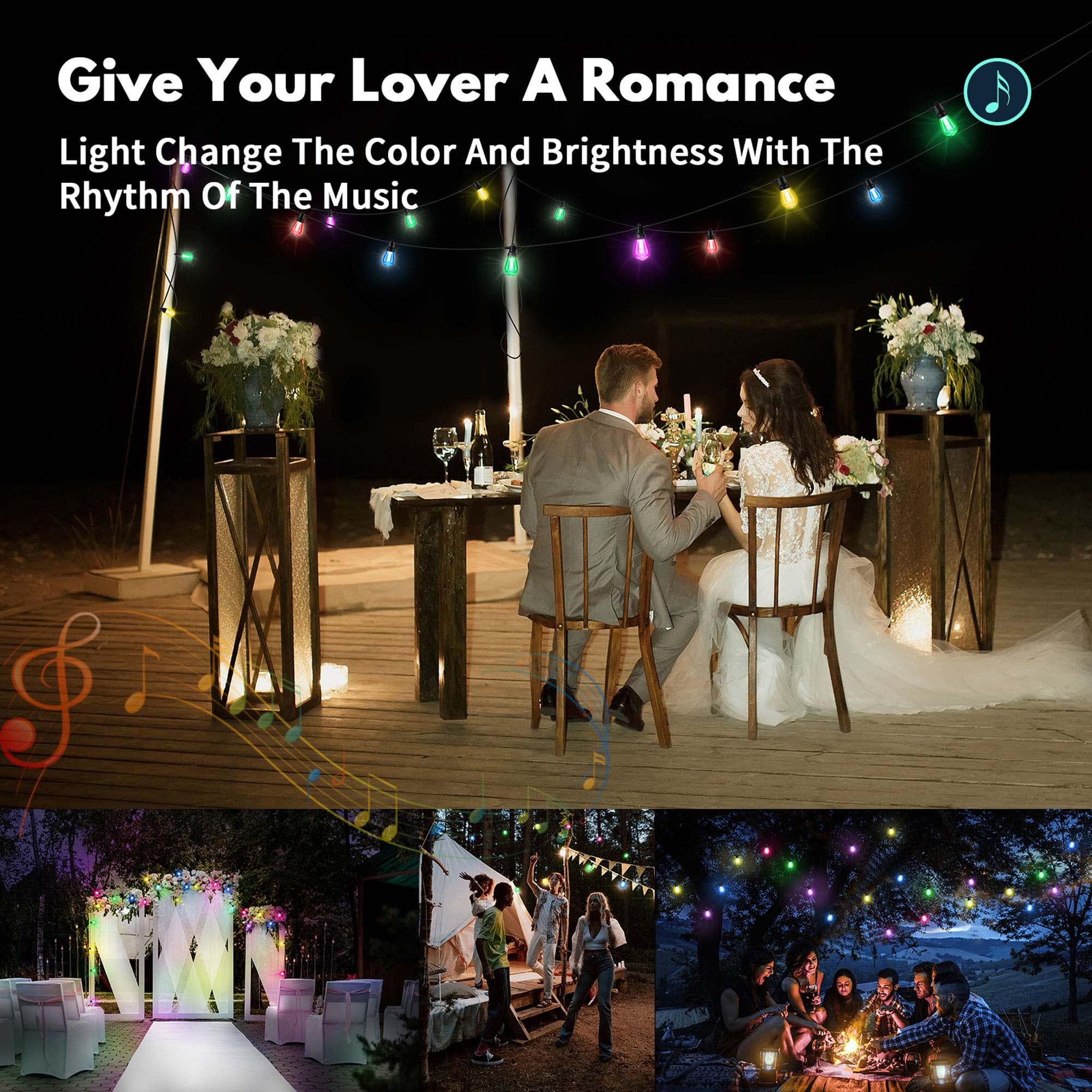 48ft Outdoor String Lights, Color Changing RGB & Warm White LED, App & Remote Control, Music Sync, Weatherproof Patio Lights for Garden, Porch & Backyard Decor