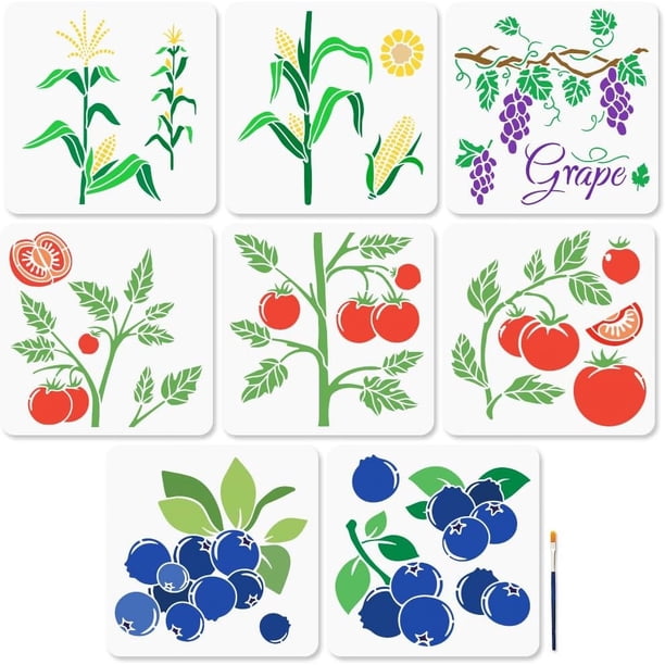 Plantillas de 8 frutas y verduras de 11,8 x 11,8 pulgadas para arándanos, uvas, maíz y tomates, con pincel, para cosecha de frutas de granja.