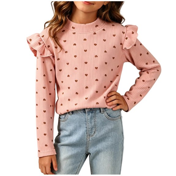 Bovxnpu Girls Long Sleeve Shirts Undershirts Girls Heart Print Long Sleeve Floral Base Layer Pullover Top Outfits