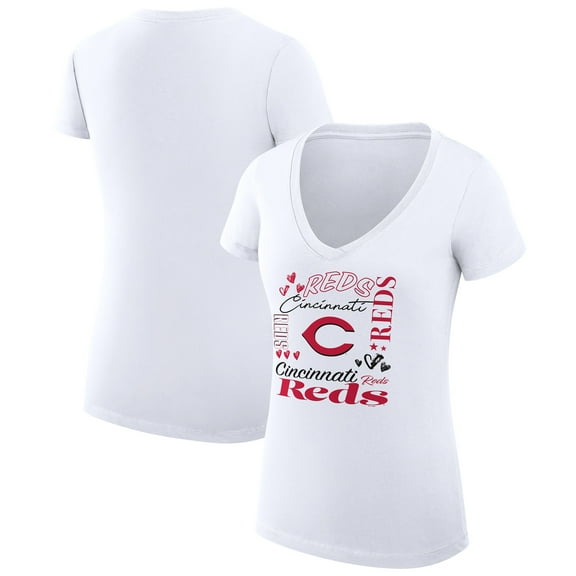 Women's G-III 4Her by Carl Banks White Cincinnati Reds Super-Slim Fit Lightweight Collage Team Graphic V-Neck T-Shirt