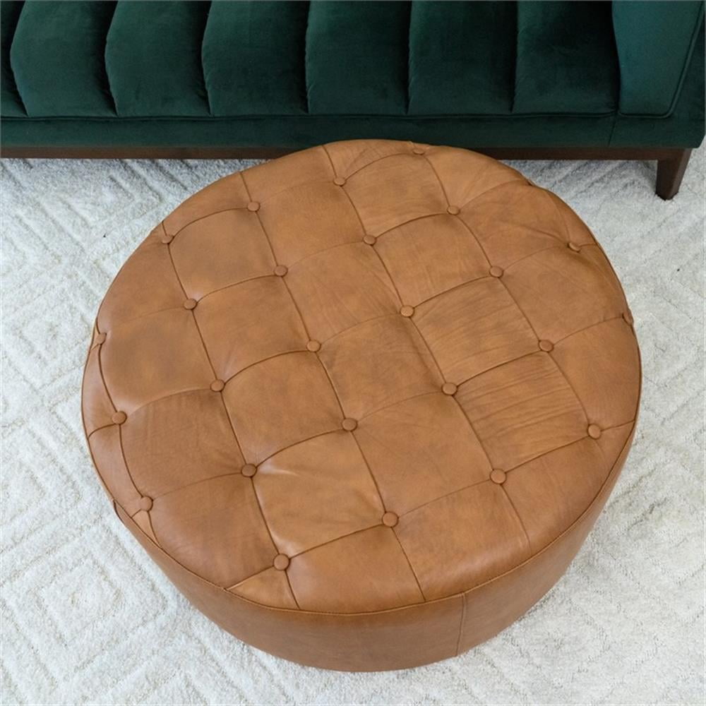 Tamsin Living Room Tan Genuine Leather Round Ottoman