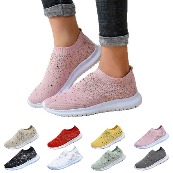 LTTVQM Slip On Sneakers Women Glitter Rhinestone Comfortable Platform Arch Support Walking Shoes Fashion Outdoor Dance Anti-Slip Shoes Pink 35(US-5)