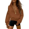 thumbnail image 2 of Lightweight Hooded Pullover Sweatshirt with Half Zip and Pockets, Soft Fleece Fabric Women’s Casual Pullover for Winter, Comfortable Chic Style Light Brown, 2 of 5
