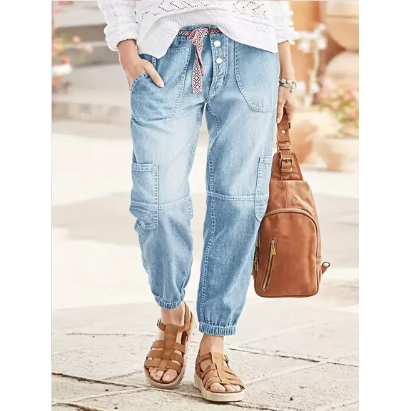 Women's daily fashion solid color with all-season clothing pockets | utility pockets | fabric stretch jeans