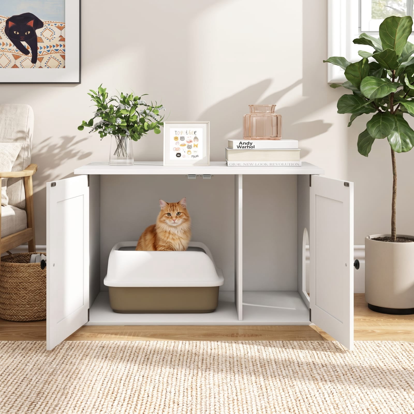 Vebreda Hidden Cat Litter Box Enclosure with Divider and Double Doors, Cat Litter Box Furniture with Storage Top, 31.5 Inch, White