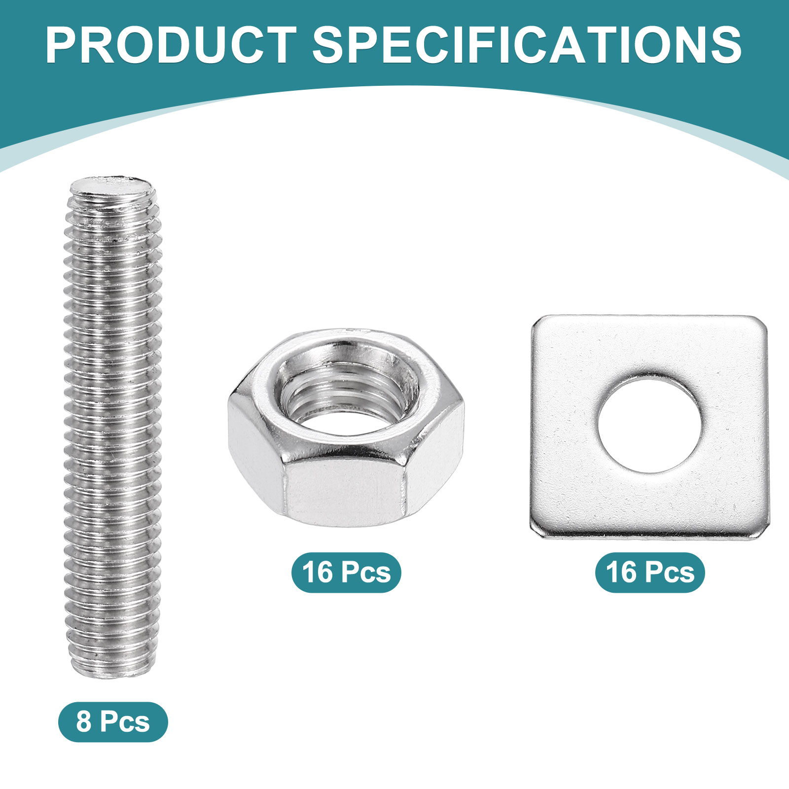 8Pack Fully Threaded Rod, M10 x 50mm 201 Stainless Steel with Nuts Washers