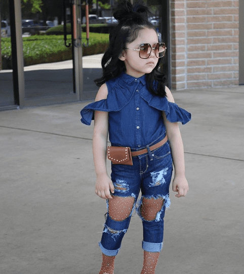 Long Sleeve Cold Shoulder Crop Top Jeans Joggers Set Girls Hip Hop Dance Clothes