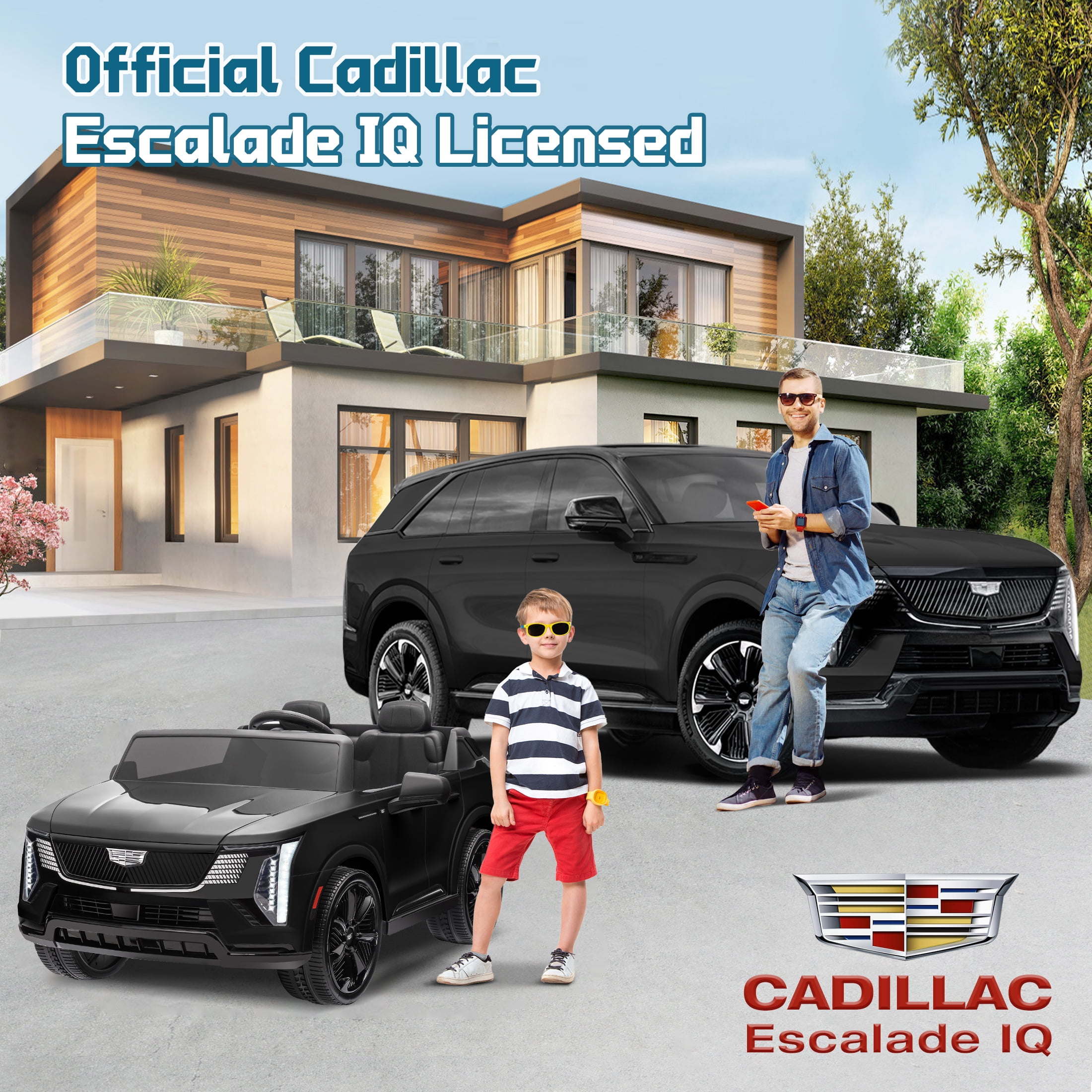 24V 2 Seater Ride on Cars, Licensed Cadillac Escalade IQ Powered Ride on Toys Truck with Remote Control, 4 Wheels Spring Suspension, LED Light, Electric Cars for Kids Ages 3-8 Gifts, Black