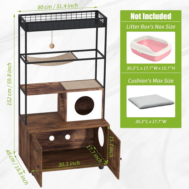TROPOW 60" Cat Litter Box Furniture Cabinet with Condo, Brown Cat House with Storage Shelf, Sisal Hammock, Hanging Play Ball and Reversible Entry Door, Hidden Litter Enclosure for Indoor Cats