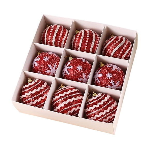 Red Christmas Balls 3.15 Inch Glitter Hanging Ornaments Snowflake Striped Designs Christmas Tree Decorations for Holiday Party Home Display 9 Count Set