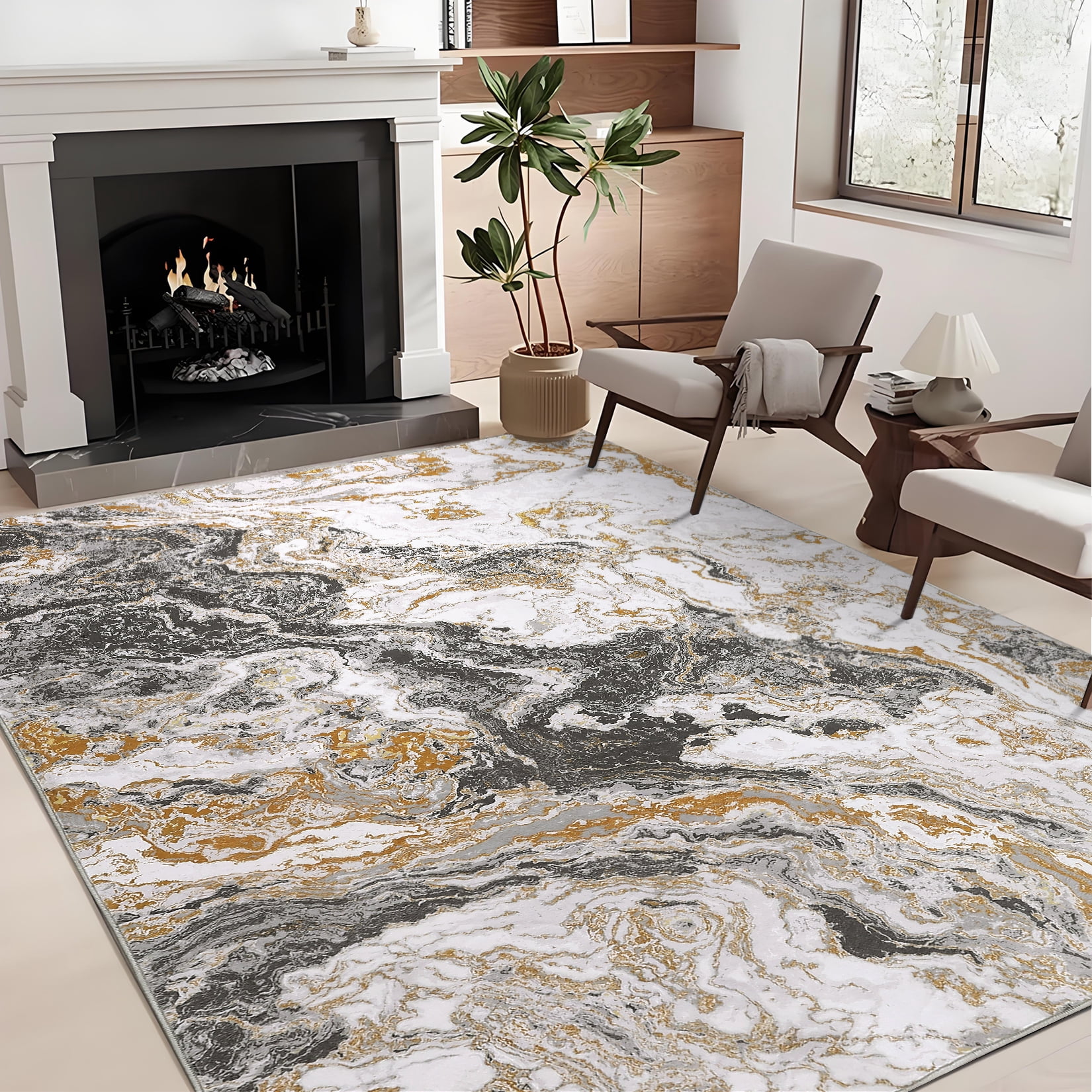 Modern Abstract Marble Print Area Rug 4' x 6'– Soft, Washable, Non-Slip & Non-Shedding(Grey)