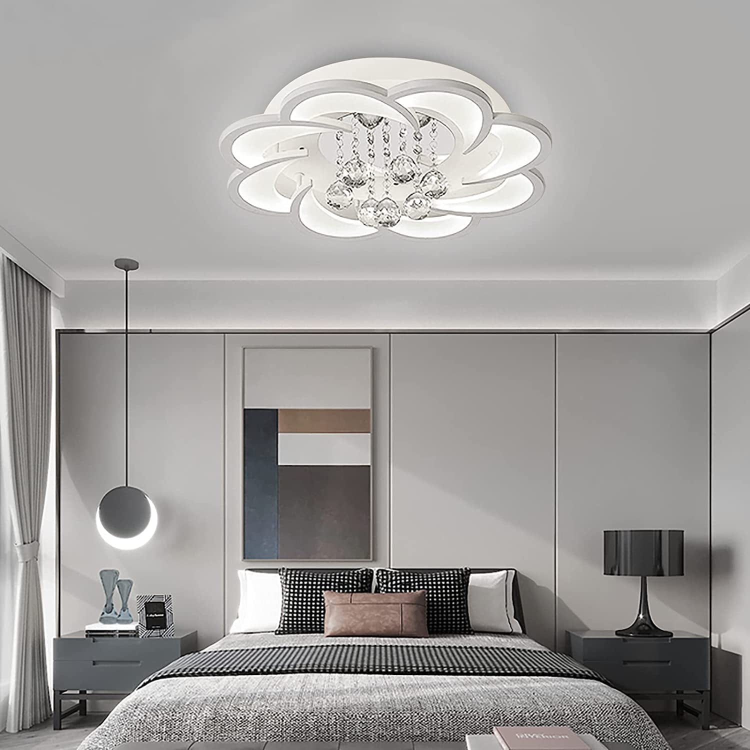 Modern LED Chandelier Fixture Acrylic Crystal Flush Mount Ceiling Lighting Flower Shape Close to Ceiling Lights for Living Room Dining Room Bedroom (Cold Light 52cm)