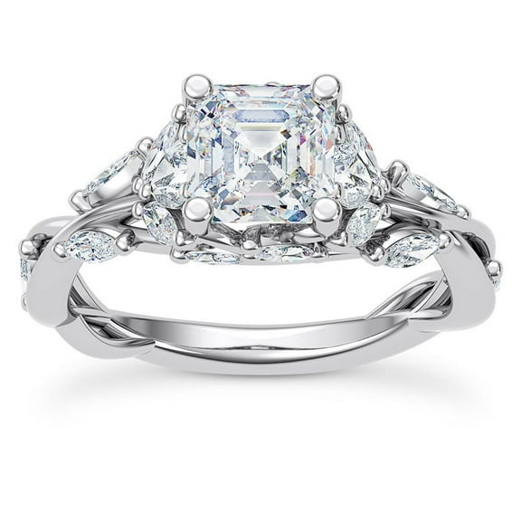 Eterna Jewel Twisted Vine Solitaire Diamond Engagement Ring - 1.8 Ct Lab Created Asscher Cut Diamond with Accent Stones - 14K White Gold Plated Jewelry for Women - Stylish and Perfect for Weddings