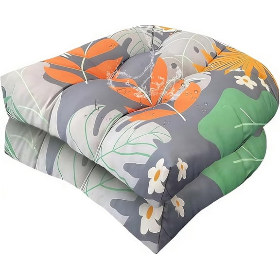 Set of 2 Orange Grey Floral 18x18 Waterproof Patio Seat Cushions with Secure Ties, Large Weather Resistant Chair Pads, Indoor Outdoor Rocking Chair & Outdoor Furniture Decor