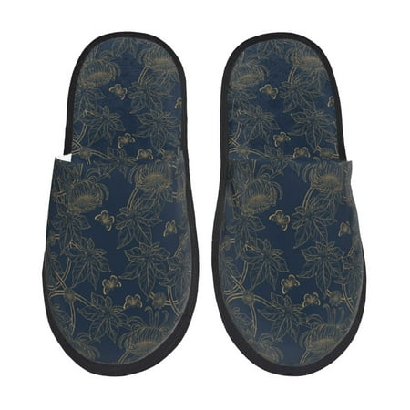 

Fuzoiu Vintage Chrysanthemum Print Unisex Furry Slippers Plush Indoor Shoes Trendy House Slippers Anti-Skid EVA Sole House Shoes for Home Office and Travel -Large