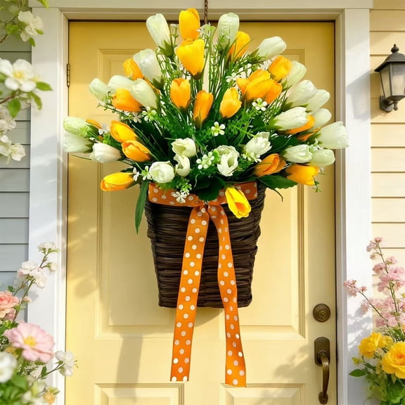 Generic Tulip Wreath Door Hanger Basket for Home Decorations,Red White Blue Tulip Baskets,Tulips Artificial Flowers Hanging Basket Spring Summer Wall for Farmhouse Porch Decor